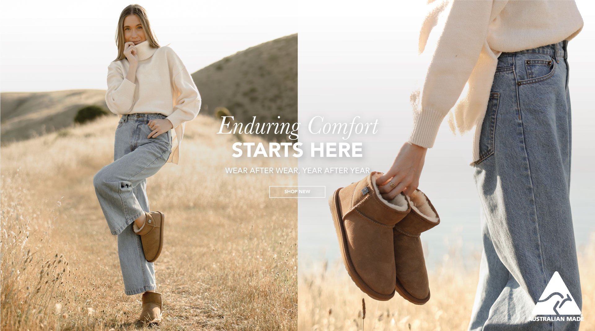 ADD ALT TEXT reads:Enduring Comfort Starts Here. Wear after wear, year after year. Shop New.