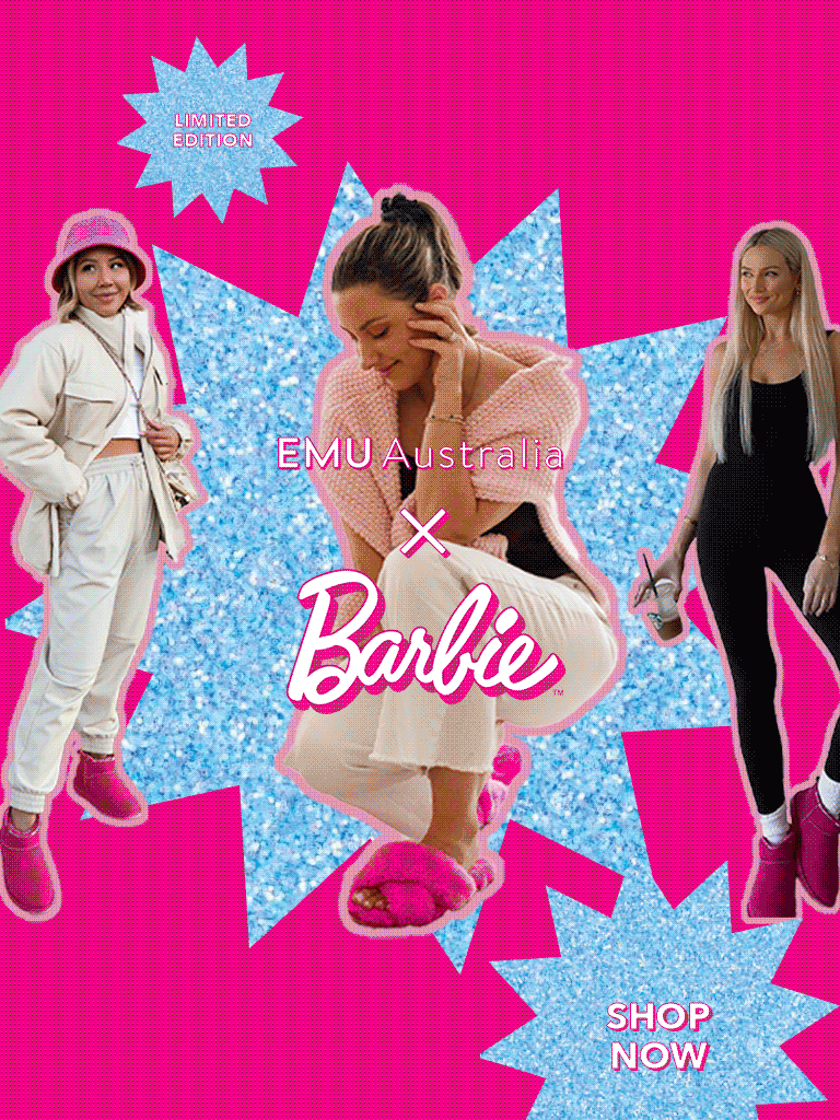 Woman wearing pink sheepskin boots in lounge, woman crouching down wearing pink sheepskin slippers insode,
                woman standing outside wearing pink sheepskin boots, mother and daughtersmiling at each other wearing limited edition barbie womens slippers and kids boots.
                Pre-order EMU x BARBIE Collab now.