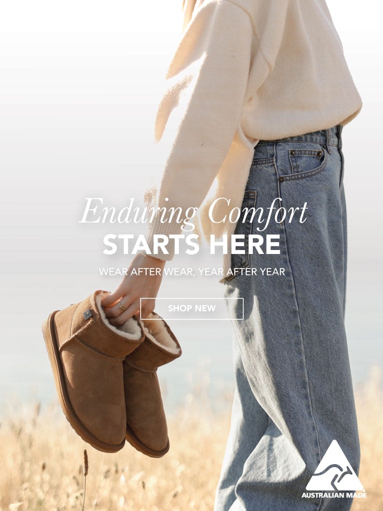 ADD ALT TEXT reads:Enduring Comfort Starts Here. Wear after wear, year after year. Shop New.