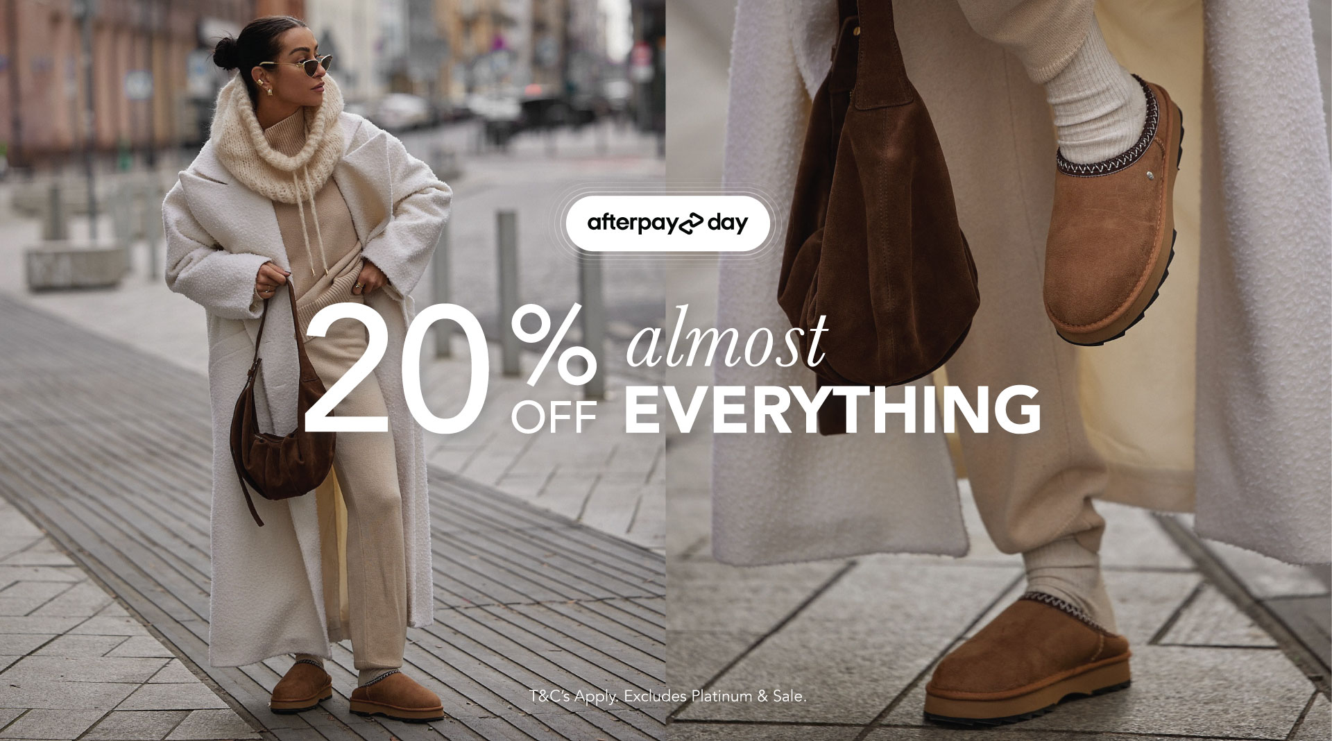 ADD ALT TEXT reads:Afterpay Day Sale. 20% off almost everything.