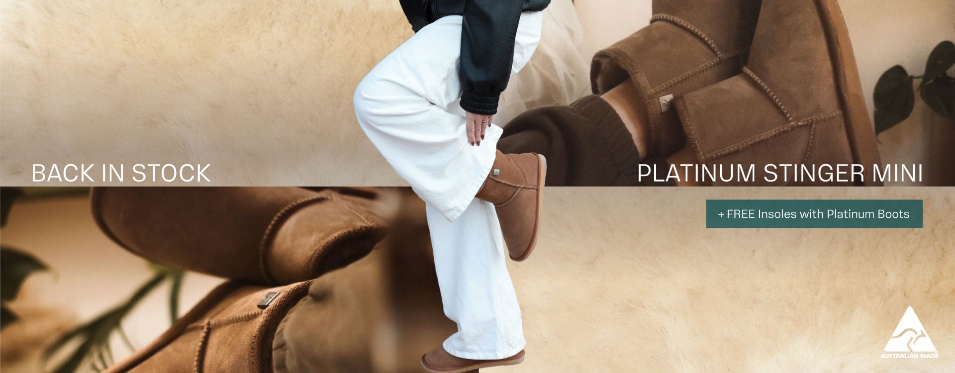 ADD ALT TEXT reads: Back In Stock. Platinum Stinger Mini. + Free insoles with Australian made platinum boots.