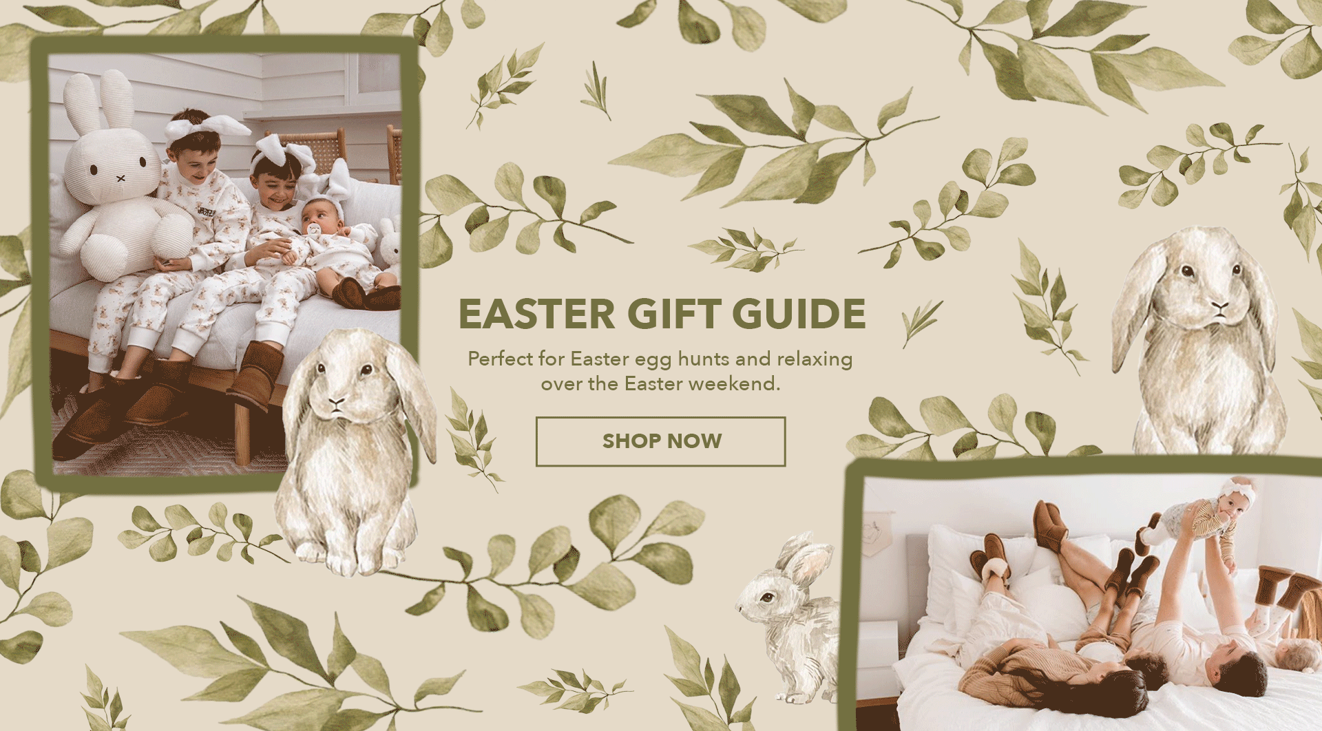 Watercolour Easter collage with easter bunnies and children wearing EMU sheepskin boots & slippers. Text reads: Easter Gift Guide. Shop Now.