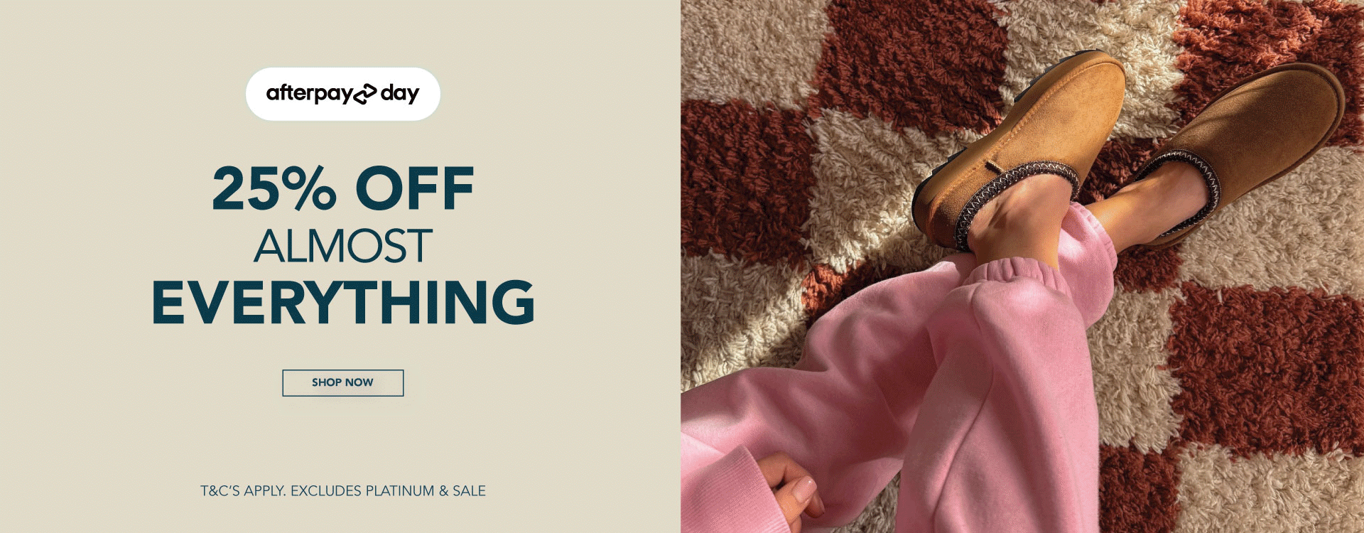 ADD ALT TEXT reads:Afterpay Day Sale. 20% off almost everything.