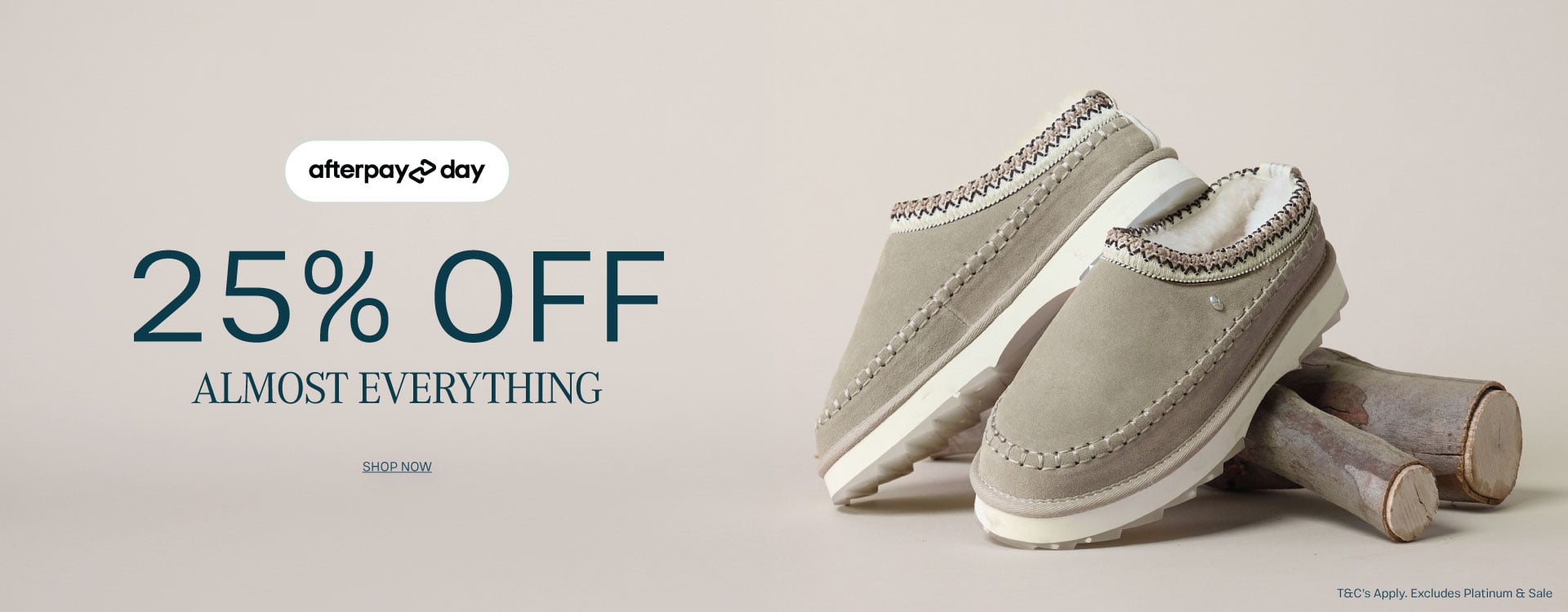 ADD ALT TEXT reads:Afterpay Day Sale. 25% off almost everything.