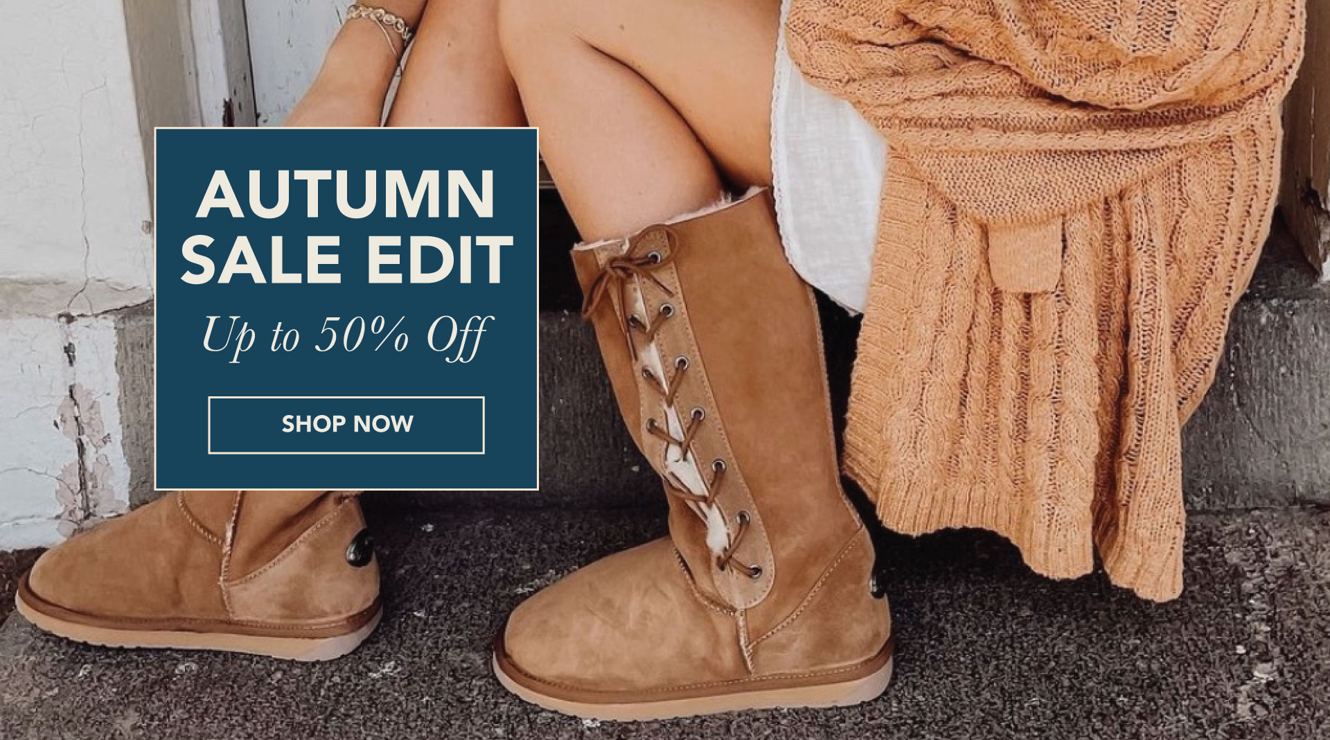 women and children wearing EMU sheepskin boots & slippers. TEXT reads:Autumn Sale Edit Up to 50% Off