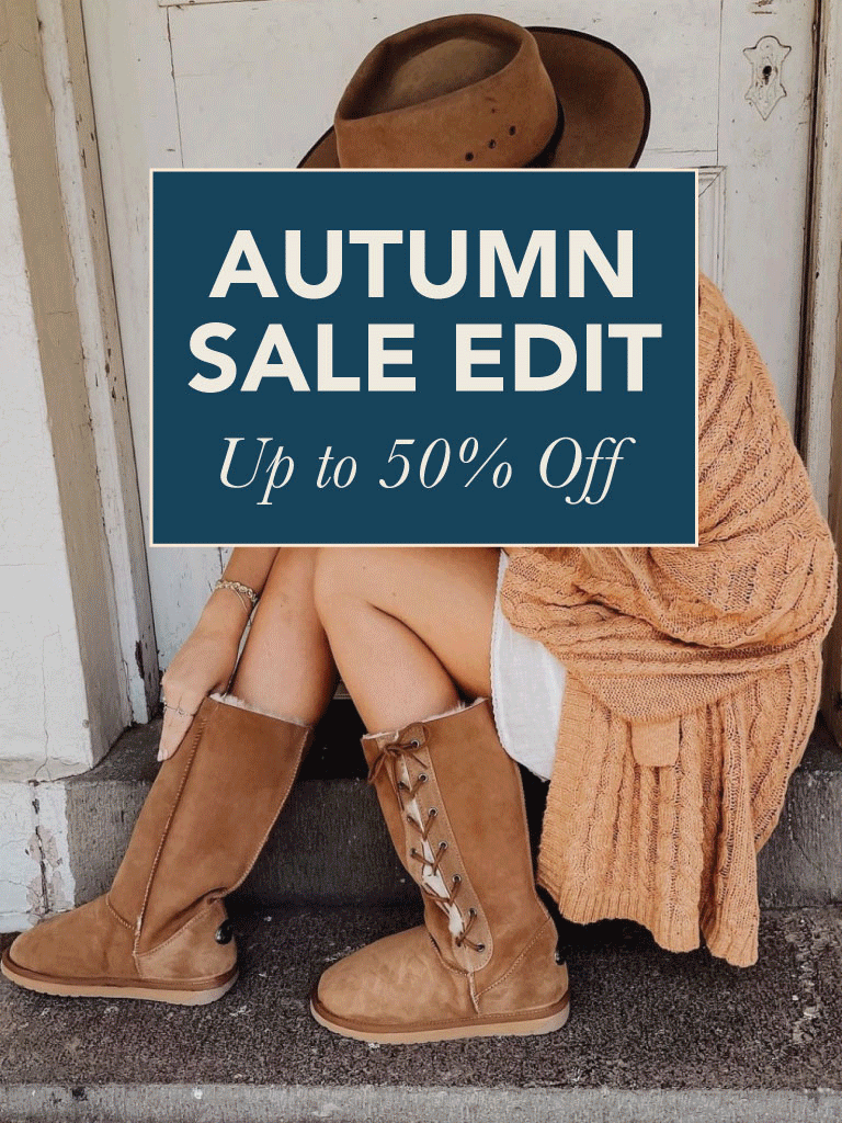 women and children wearing EMU sheepskin boots & slippers.  TEXT reads:Autumn Sale Edit Up to 50% Off