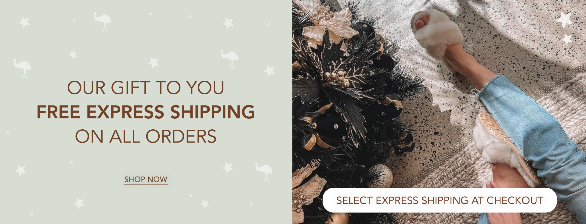 ADD ALT TEXT reads:Our Gift to you. Free Express Shipping on all orders. Select express shipping at checkout.